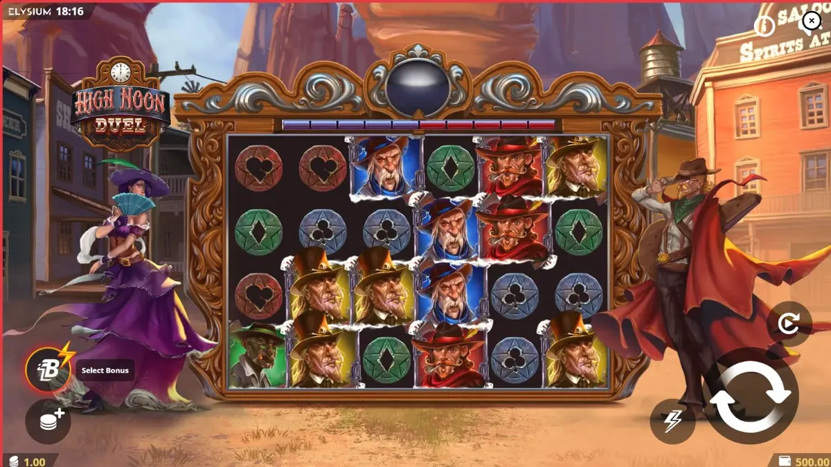 High Noon Duel slot game interface na may temang Wild West at mga karakter na sina Pistol Belle at The Iron Cowboy.